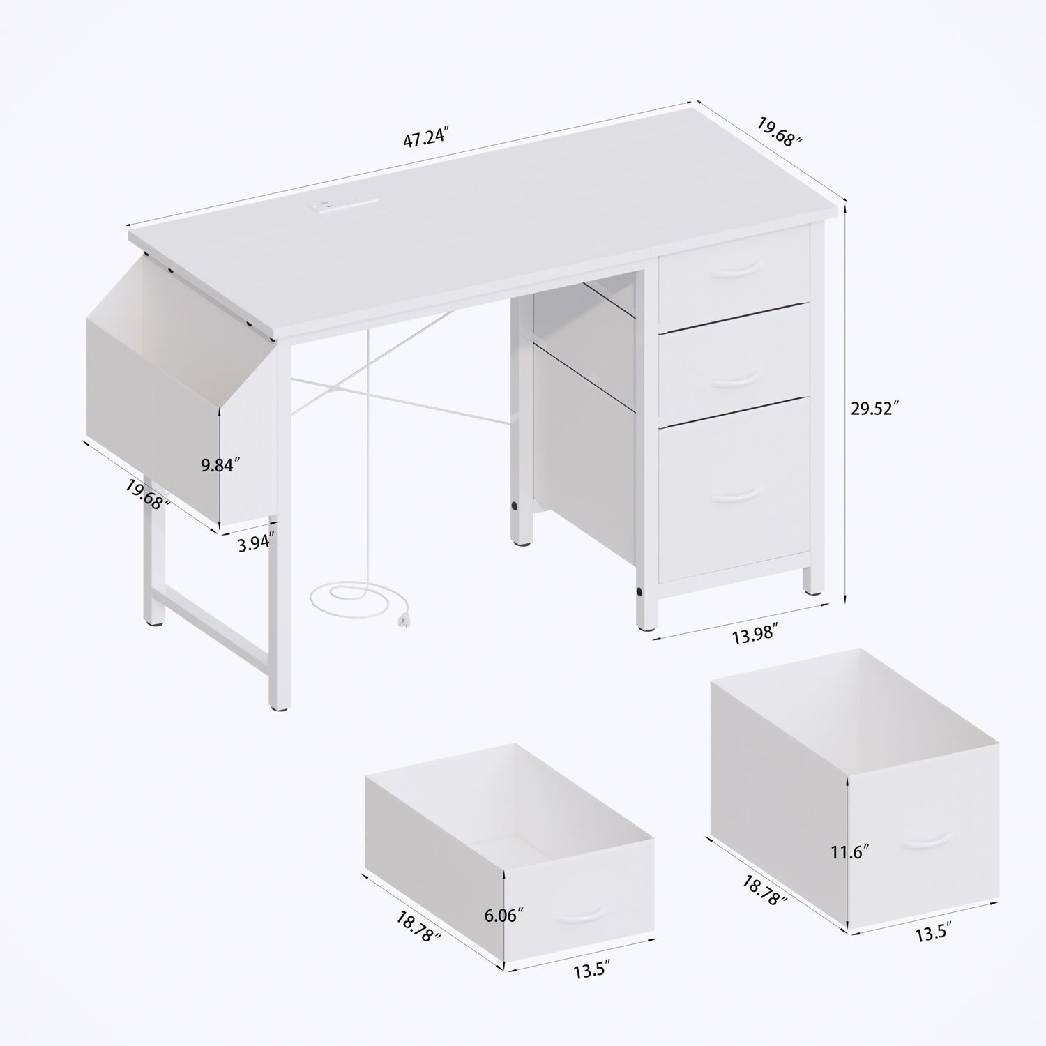 Office Desk With Power Outlet, 3 Drawers And Side Pocket For Office - White