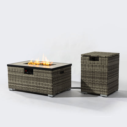 32&quot; Propane Gas Fire Pit Table With Propane Tank Cover, 50000 Btu Rectangular Steel Fire Pit With Beautiful Wicker Base