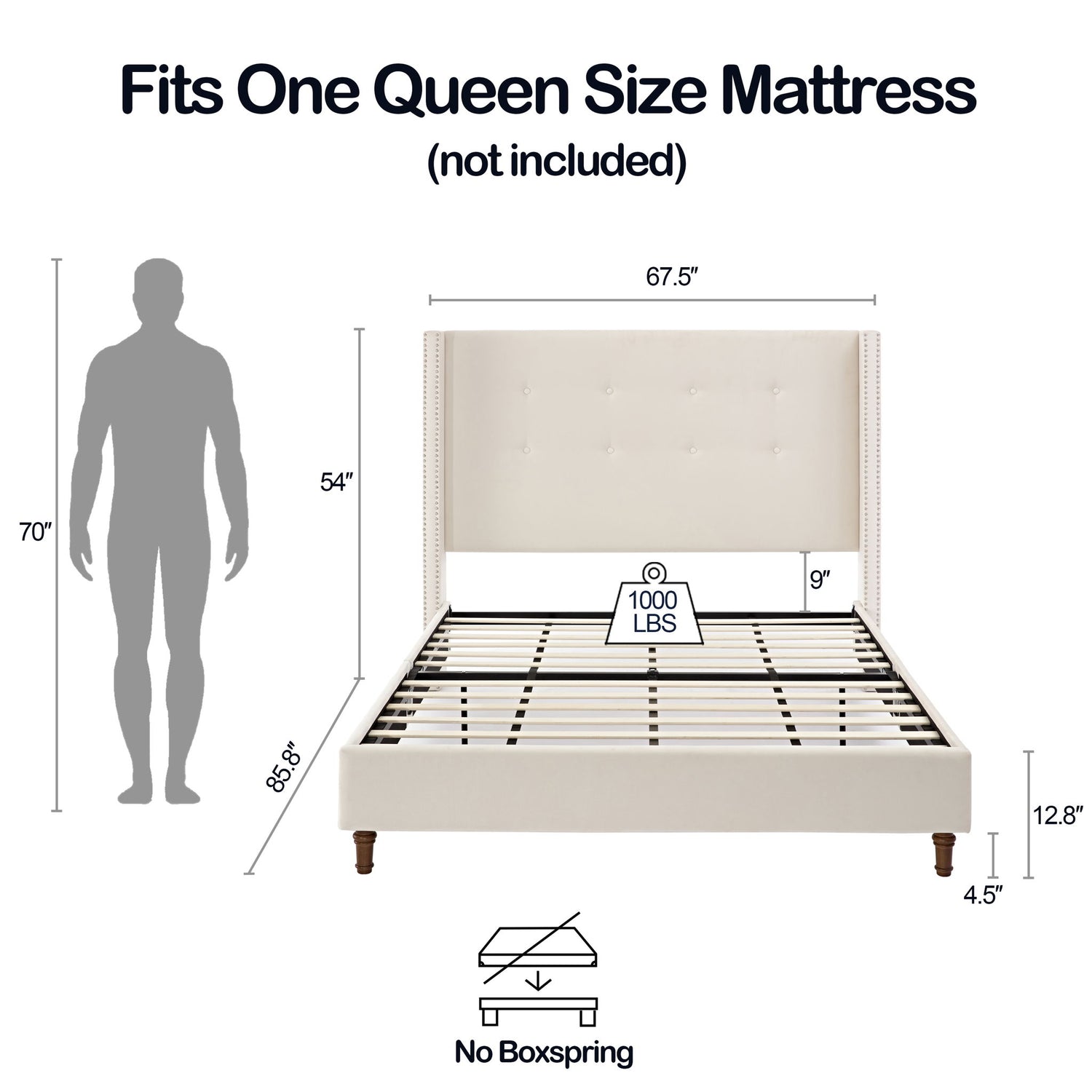 Peyton - Upholstered Bed With 54&quot; High Headboard, Traditional Hand Buttoned Tufting