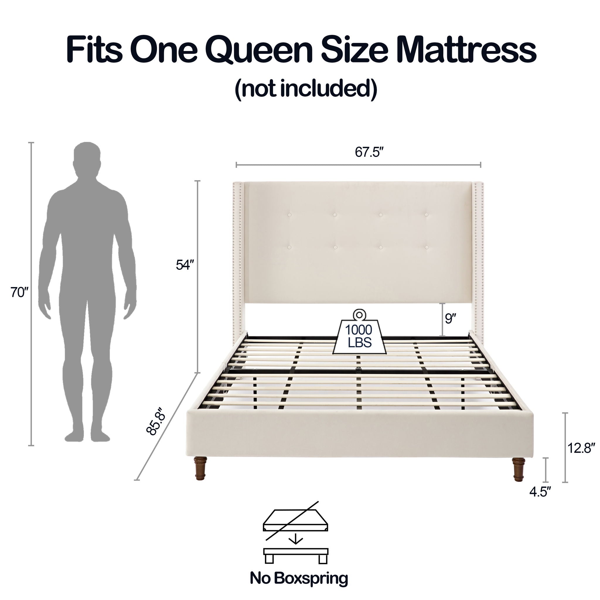 Peyton - Upholstered Bed With 54&quot; High Headboard, Traditional Hand Buttoned Tufting