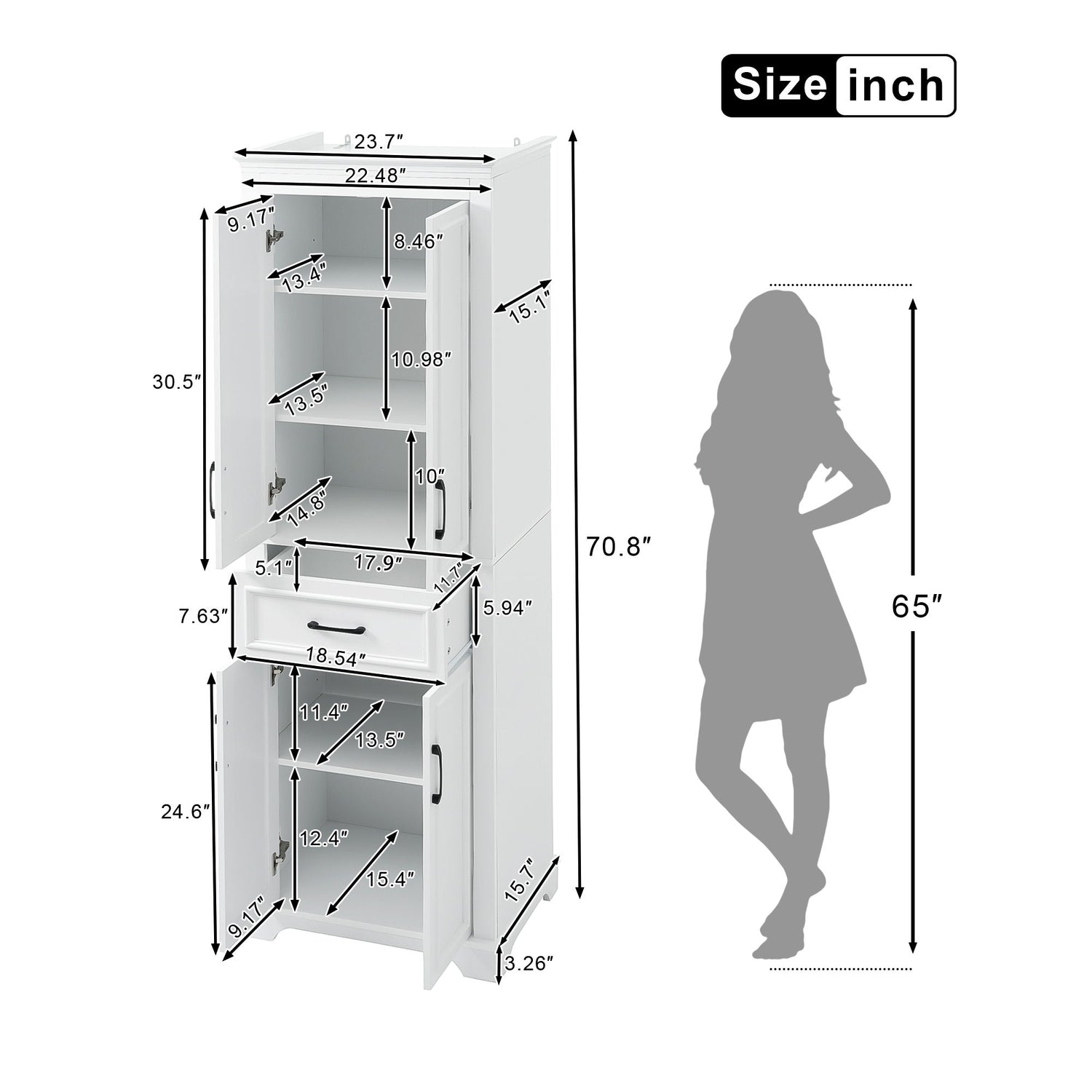 Freestanding Bathroom Vanity, Elegant Design With 4 Doors &amp; 1 Drawer, Adjustable Shelves, Damping Hinges - White