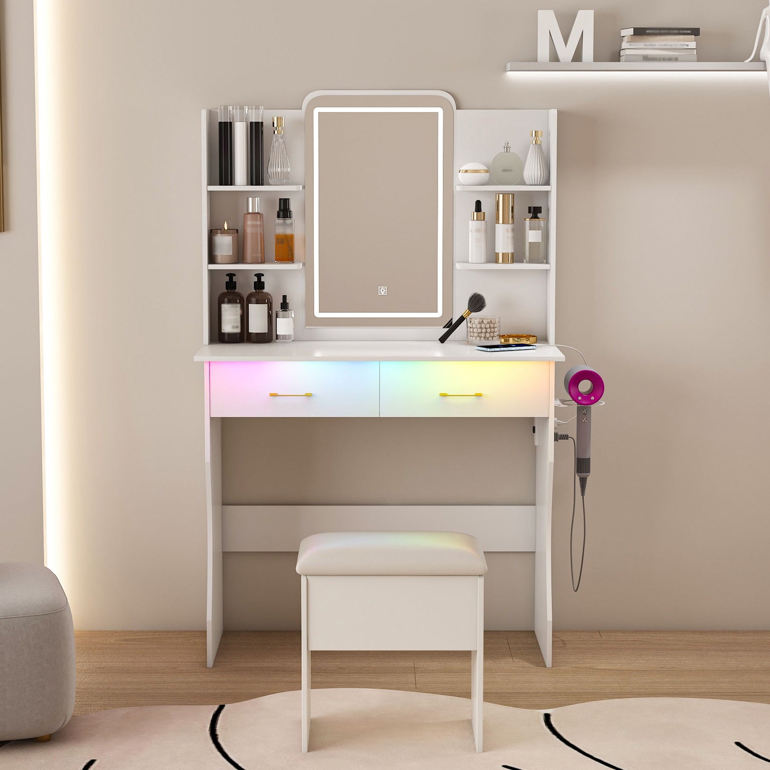 Vanity Desk With LED Lights Mirror, Power Outlet, Storage Drawers &amp; Chair - White