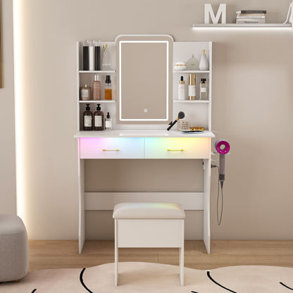Vanity Desk With LED Lights Mirror, Power Outlet, Storage Drawers &amp; Chair - White
