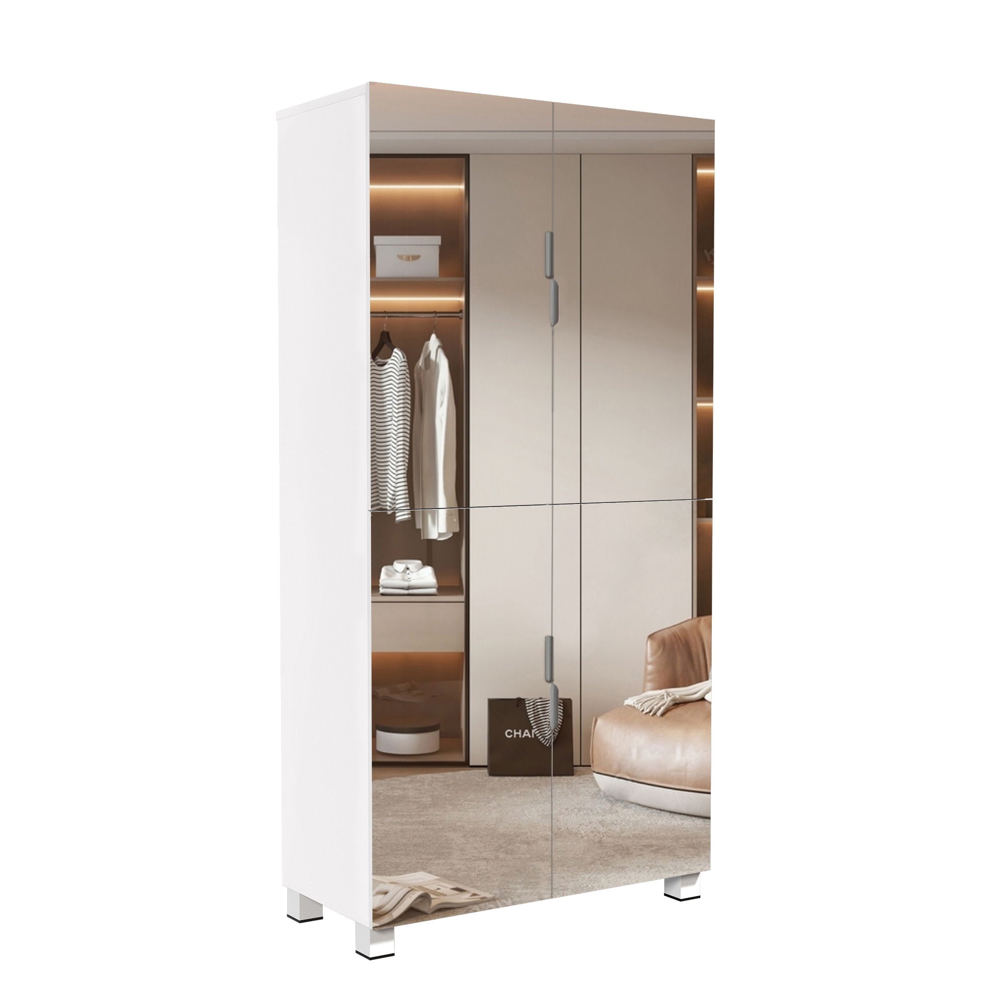 Shoe Cabinet With 4 Mirror Doors 50&quot; Tall Entryway Storage, 8 Adjustable Shelves, Holds 24 32 Pairs (Size 15), Dust Proof Closet For Hallway / Apartment, Ventilation Holes - White