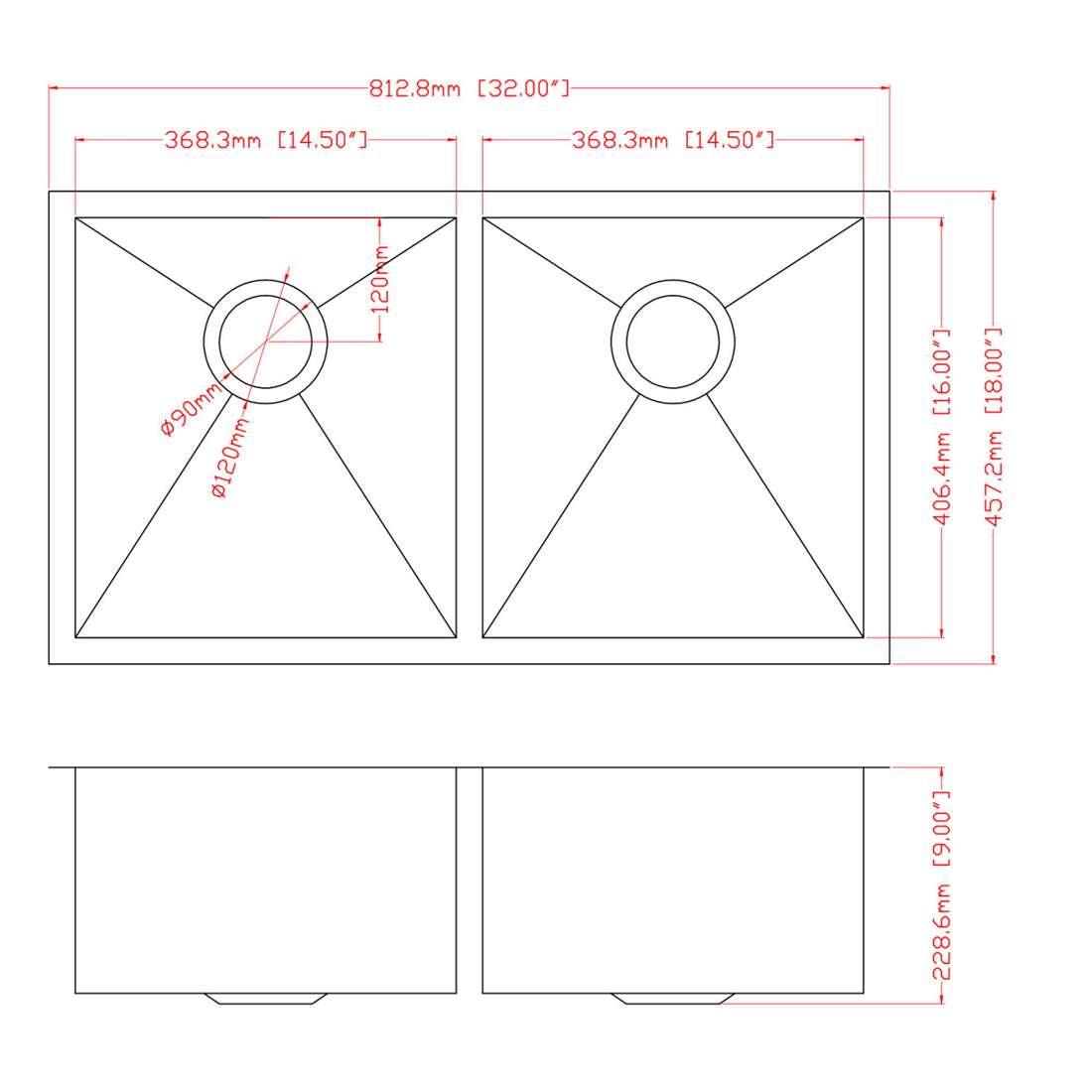 16 Gauge Undermount Double Bowl Kitchen Sink With 9&quot; Deep Bowls - Brushed Nickel