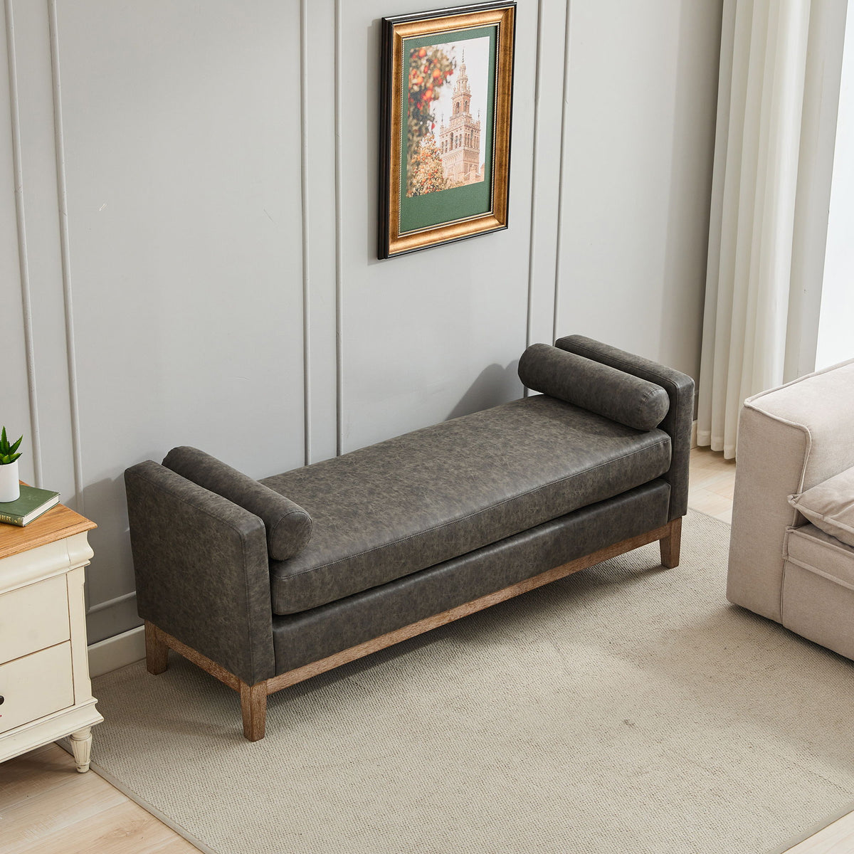 Upholstered End Of Bed Bench With Arms &amp; 2 Bolsters For Bedroom