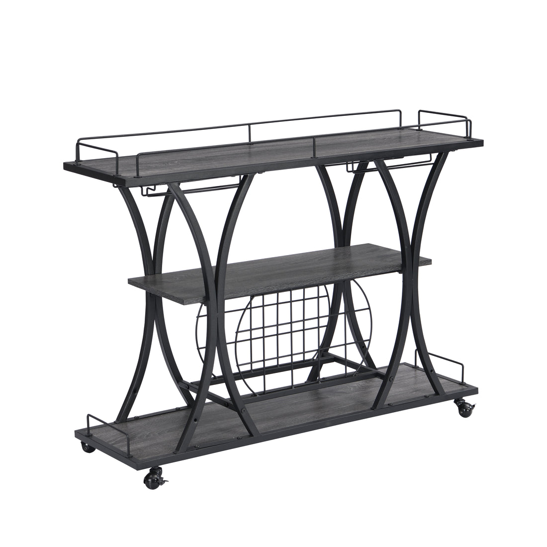 Industrial Bar Cart Kitchen Bar &amp; Serving Cart For Home With Wheels 3 Tier Storage Shelves - Black / Gray