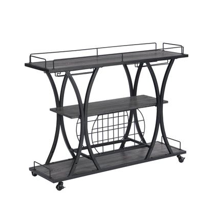 Industrial Bar Cart Kitchen Bar &amp; Serving Cart For Home With Wheels 3 Tier Storage Shelves - Black / Gray