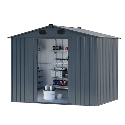 Outdoor Storage Shed, Galvanized Steel Garden Shed With 4 Vents &amp; Double Sliding Door