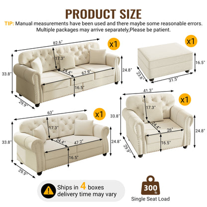 Upholstered Sofa Set With Nailhead Trim And Rolled Armrests, Includes Pillows