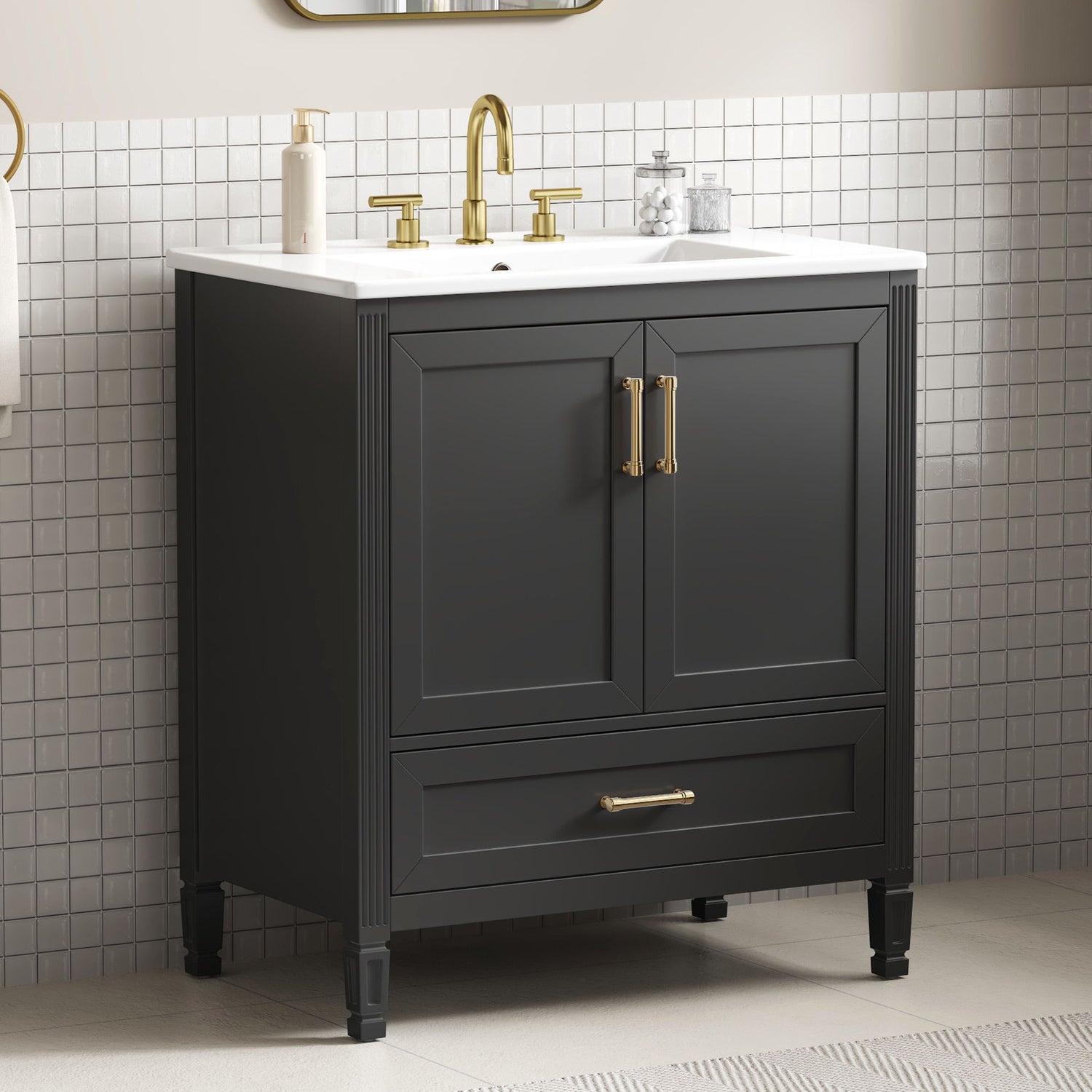 Elegant Fluted Bathroom Vanity With Sink, Soft Close Doors &amp; Drawer