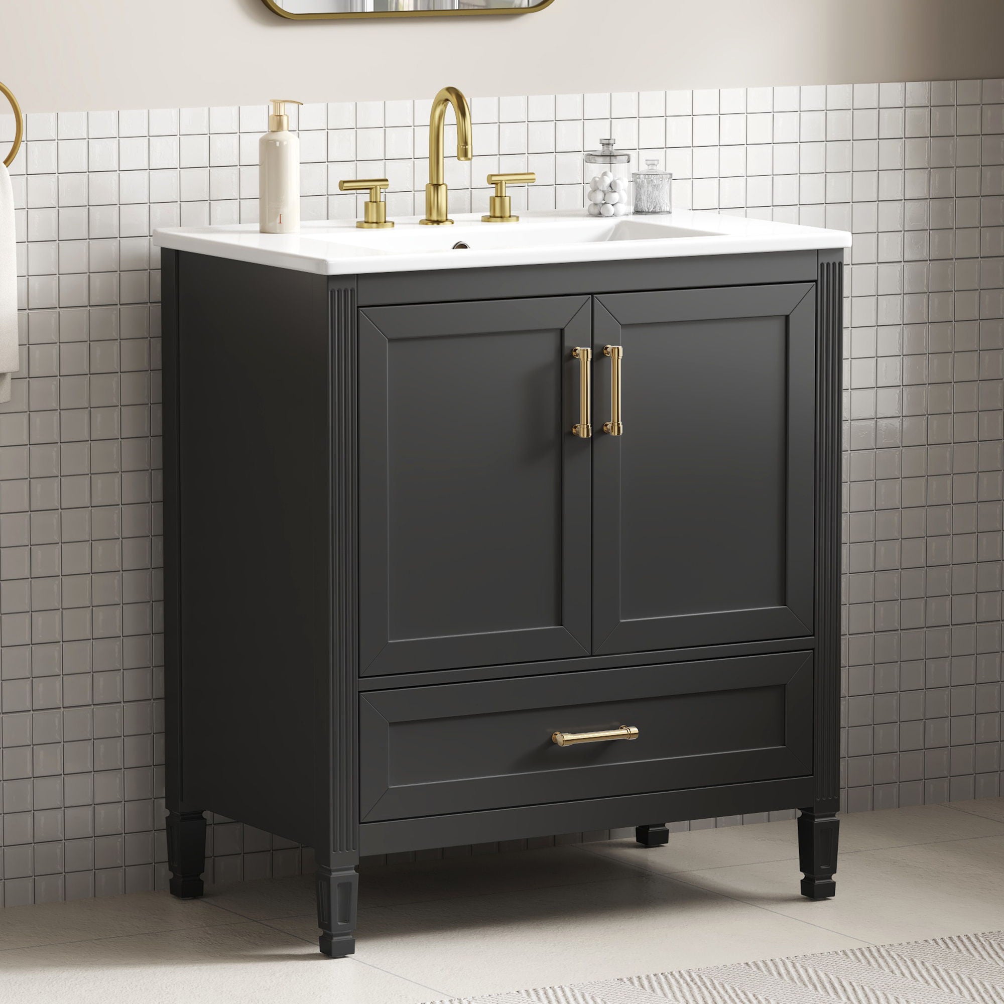 Elegant Fluted Bathroom Vanity With Sink, Soft Close Doors &amp; Drawer