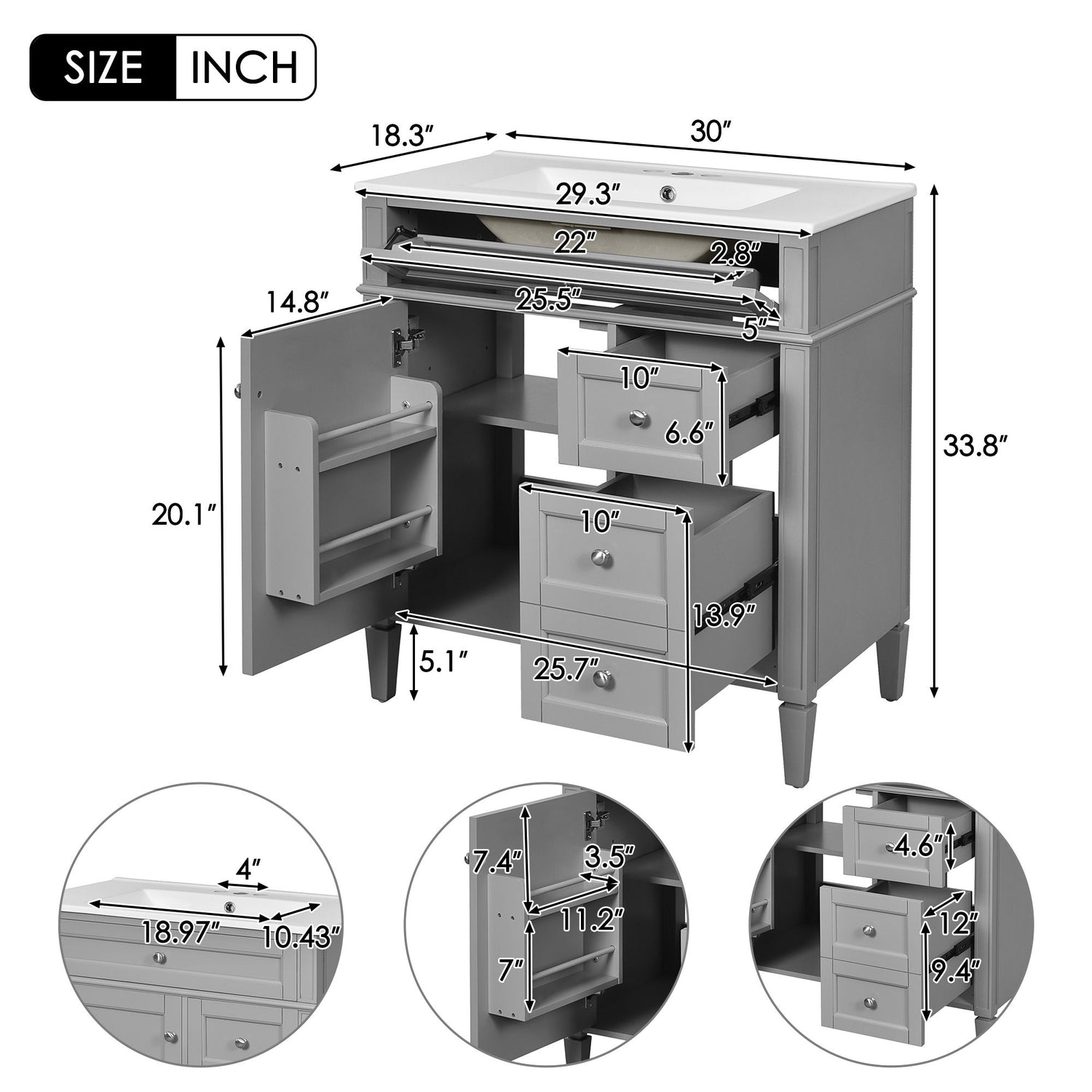 Bathroom Vanity With Top Sink, 2 Drawers &amp; Tip Out Drawer