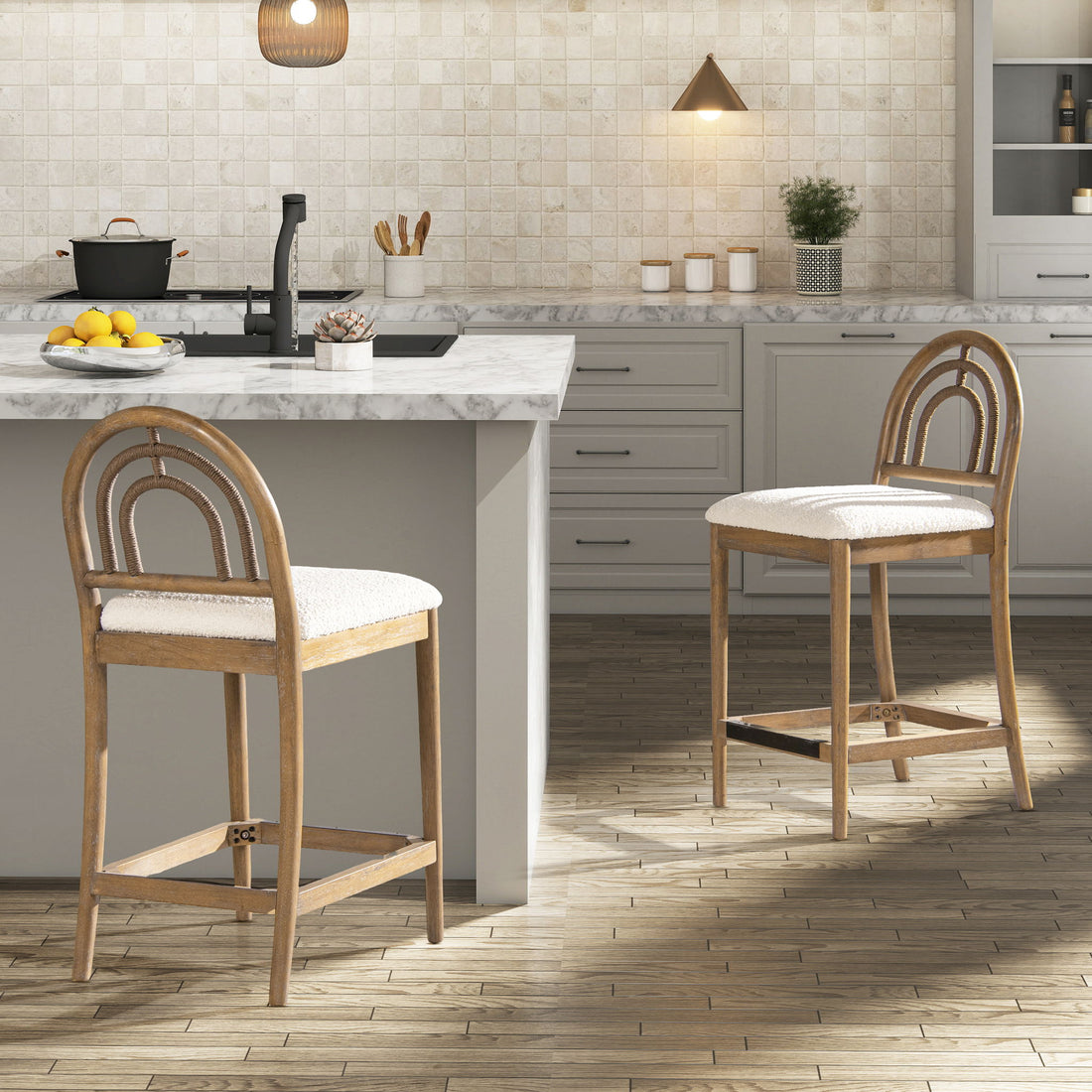 Leon - Arched Back &amp; Upholstered Counter Stool (Set of 2) - Ivory White