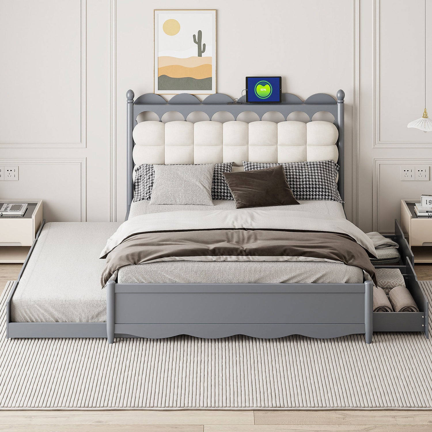 Storage Platform Bed, With 2 Big Drawers, Trundle, One Set Of Sockets &amp; USB Ports