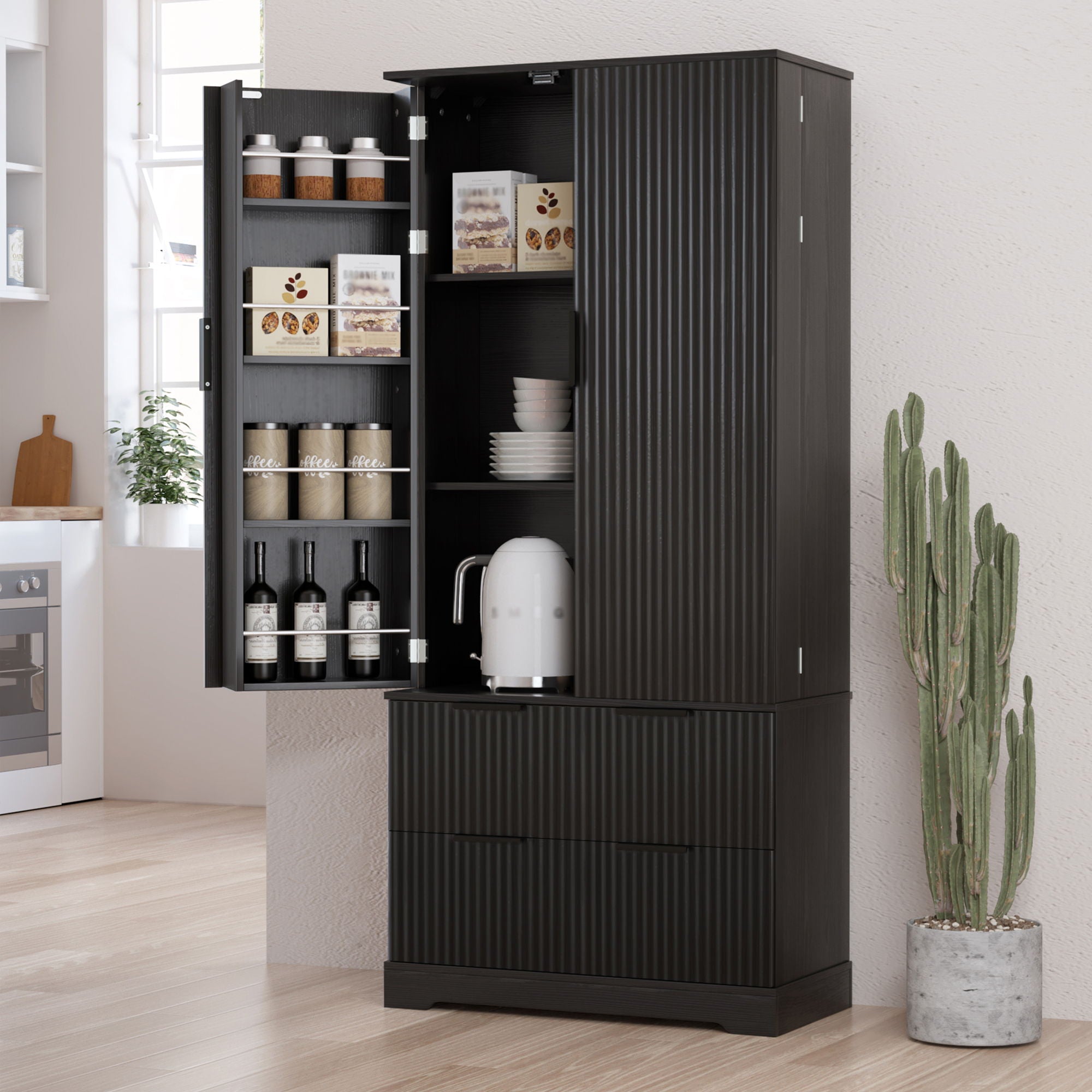 Fluted Kitchen Pantry Cabinet With 2 Large Drawers &amp; 8 Door Spice Rack Freestanding Storage Organizer - Black