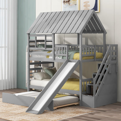 House Bunk Bed With Trundle, Storage Staircase, Roof And Window Design