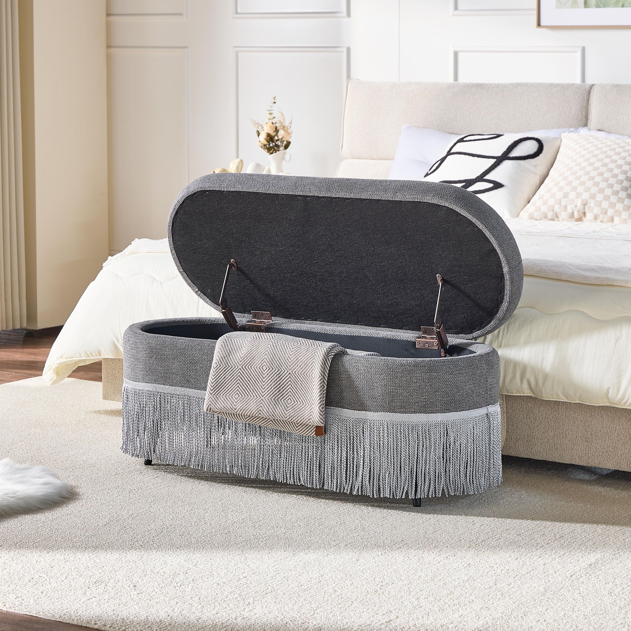 Oval Upholstered Storage Ottoman With Fringe Trim &amp; Lift Top Lid