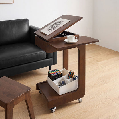 C - Shaped End Table, Rolling With 360° Adjustable &amp; Foldable Desktop, Couch Table With Laptop Stand For Living Room - Walnut