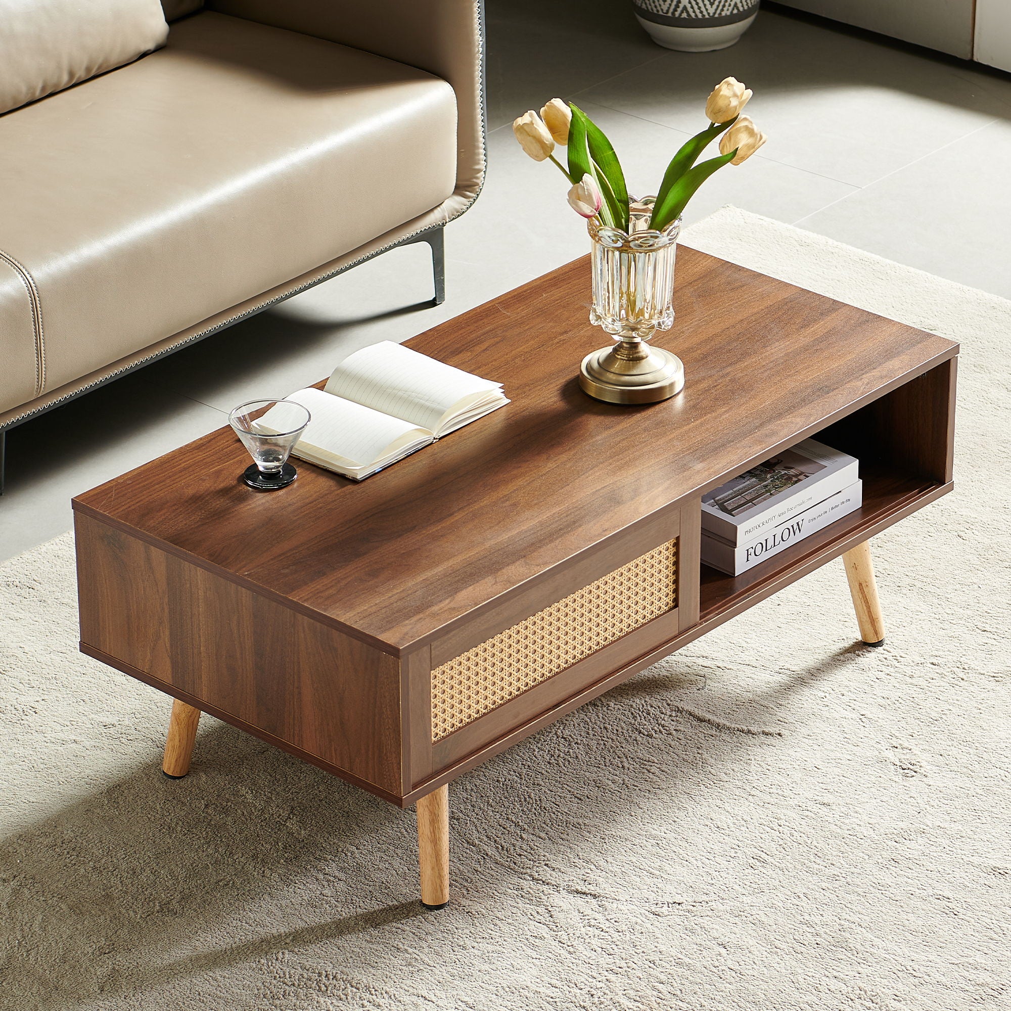 41.34&quot; Rattan Coffee Table, Sliding Door For Storage, Solid Wood Legs, Modern Table For Living Room