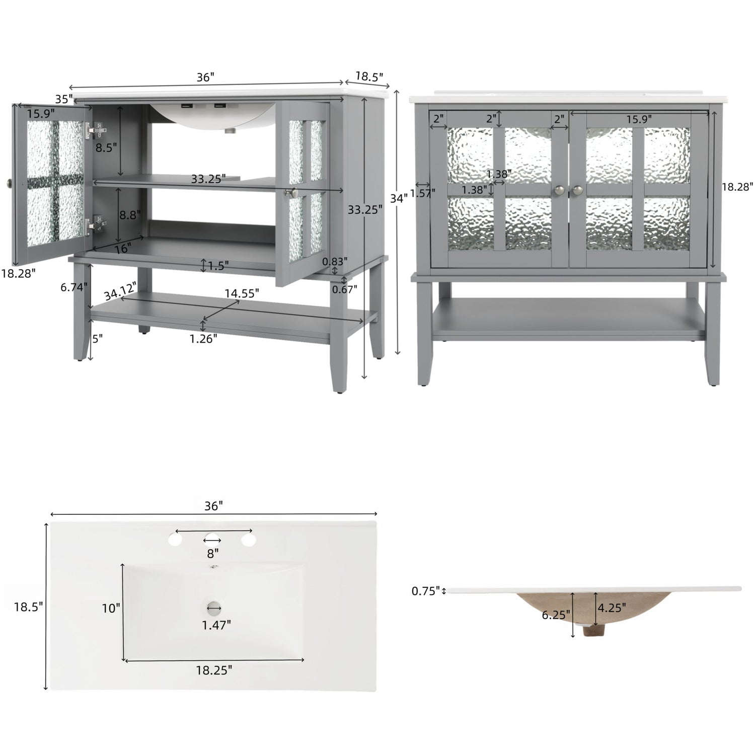 Bathroom Vanity With Ceramic Sink, Adjustable &amp; Open Shelf