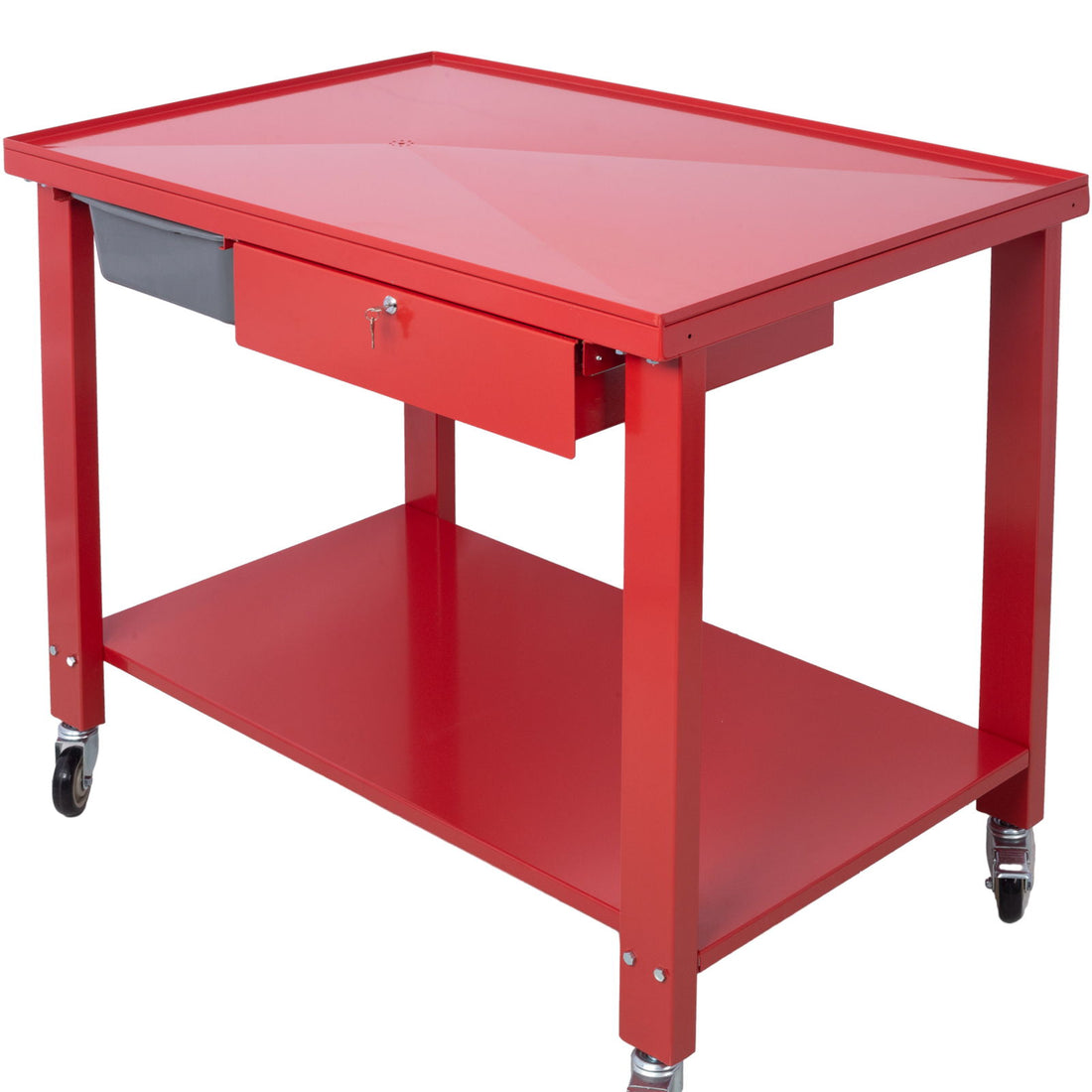 Transmission Teardown Work Station 1 / 2 Ton Capacity Sloping Drain Table Locking Drawer Removable Drain Basin Full-Width Lower Shelf Four 4&quot; Caster Wheels