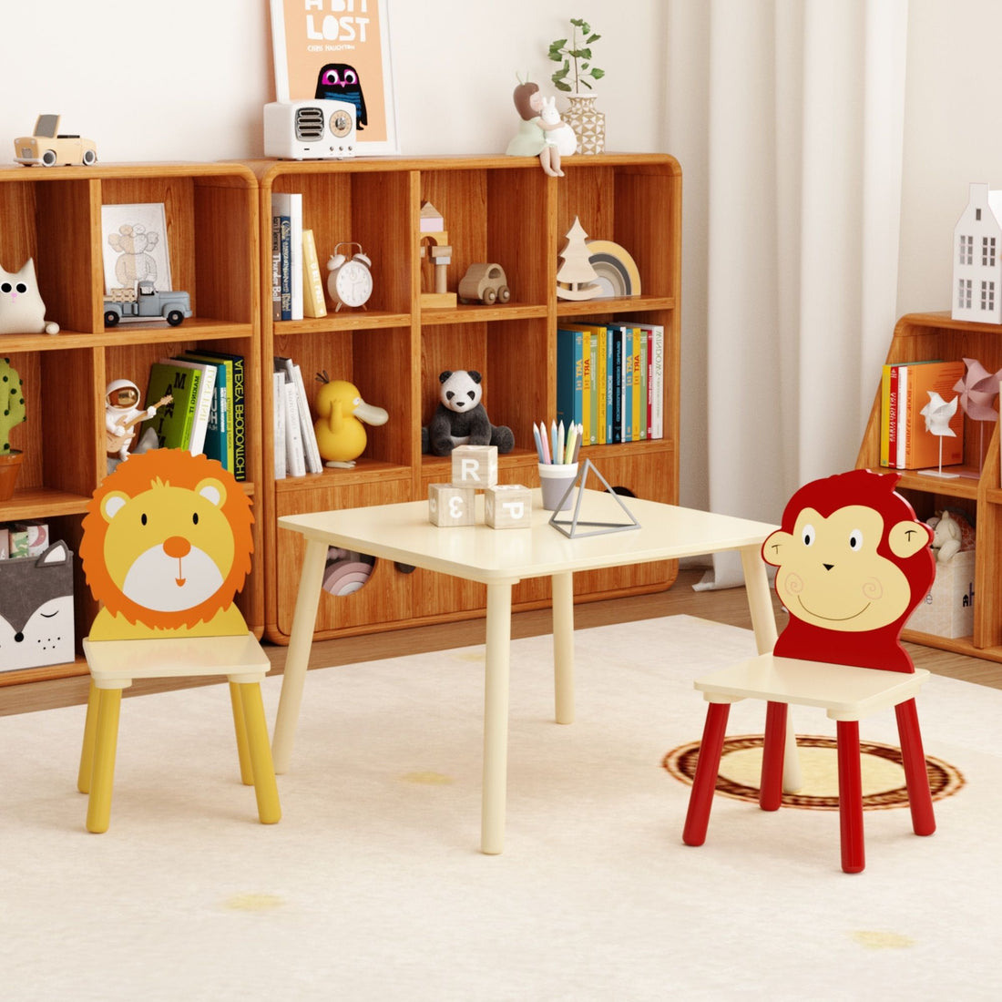 Kids Table And 2 Chairs Set, 3 Pieces Toddler Table And Chair Set, Wooden Activity Play Table Set (Lion&amp;Monkey) - Natural