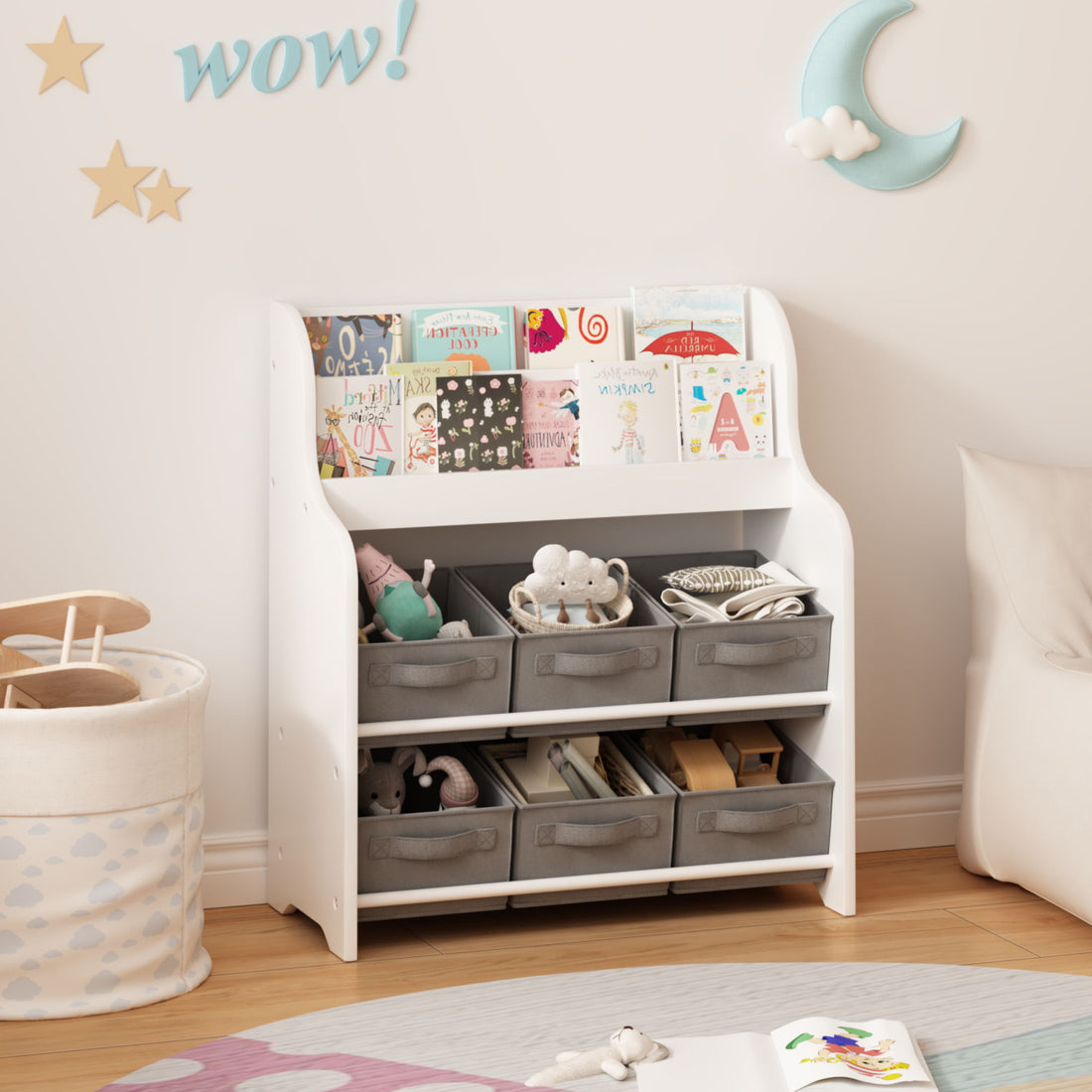 Bookshelf With 6 Storage Bins, Multi Functional Children&