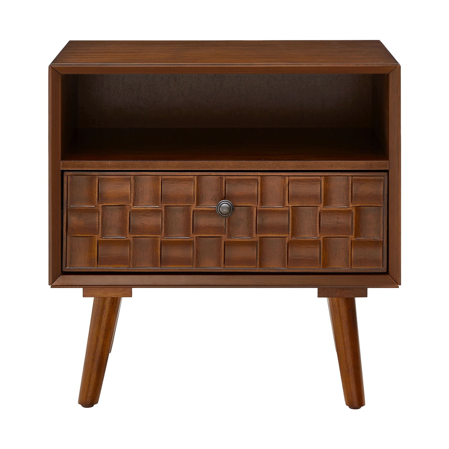 Nightstand With Carved Geometric Drawer Front, 1 Drawer And Open Shelf