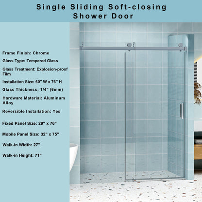 Frameless Soft-Closing Shower Door, 1/4&quot; (6 Mm) Tempered Glass Single Sliding With Explosion Proof Coating