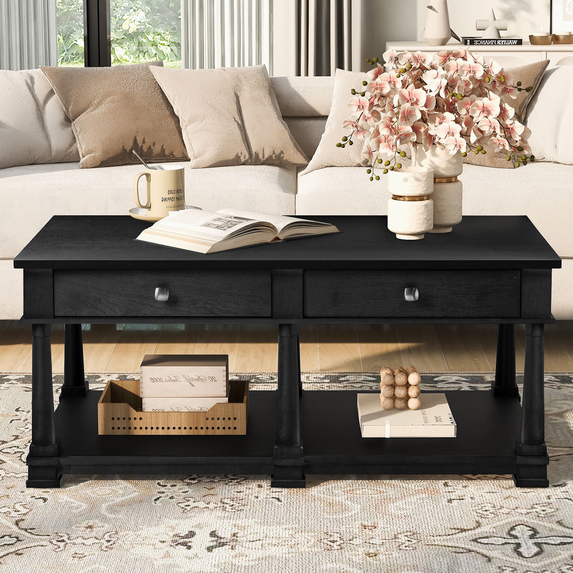 Coffee Table With 2 Storage Drawers &amp; Lower Open Shelf