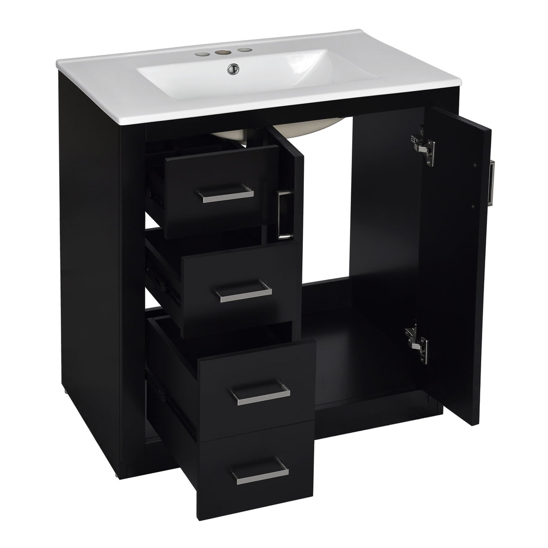 Ceramic Sink Combo, Freestanding Vanity Set With 3 Drawers &amp; Soft Closing Doors
