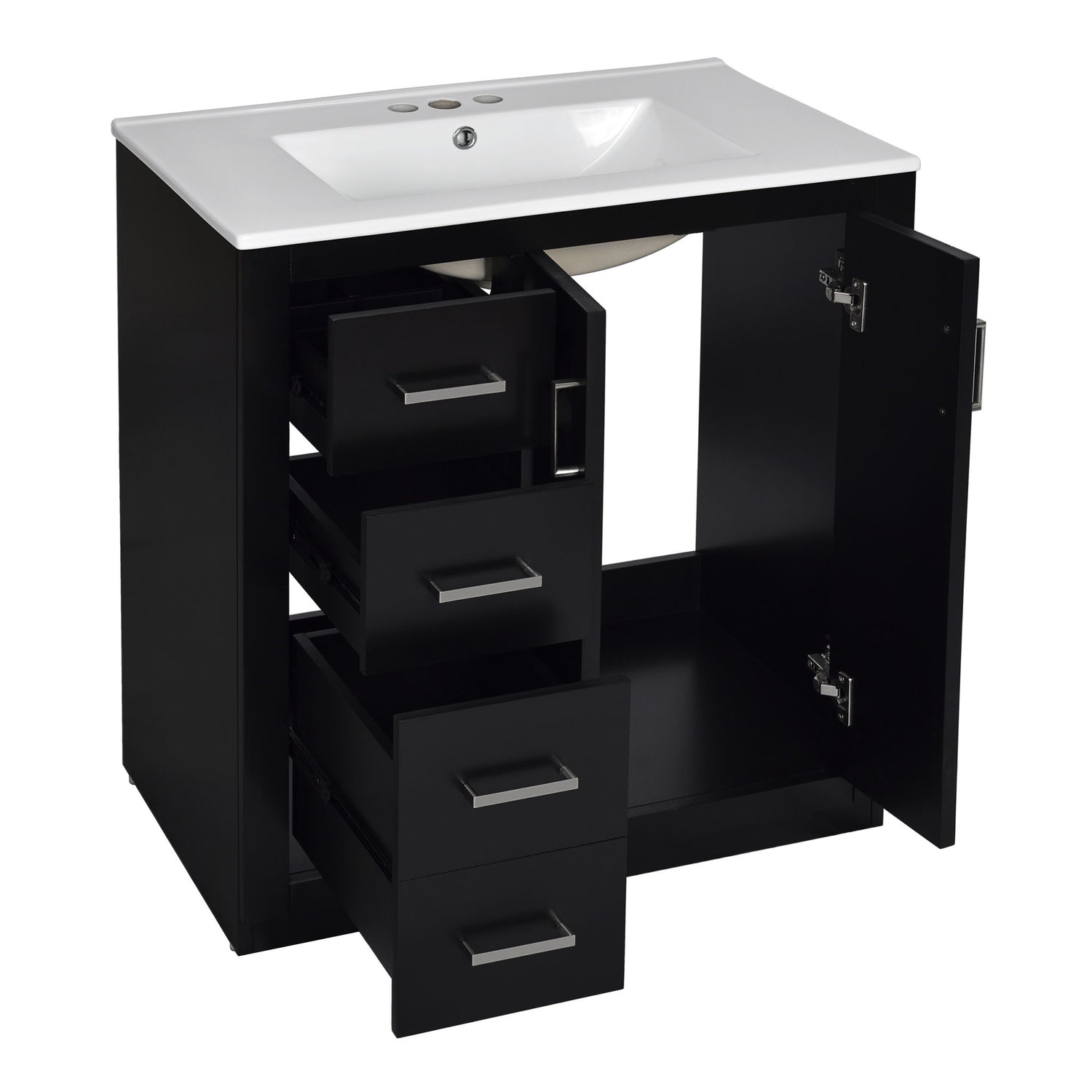 Ceramic Sink Combo, Freestanding Vanity Set With 3 Drawers &amp; Soft Closing Doors