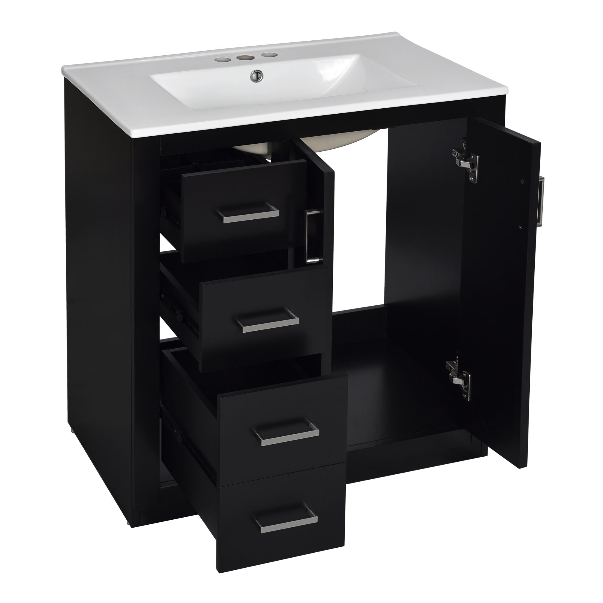 Ceramic Sink Combo, Freestanding Vanity Set With 3 Drawers &amp; Soft Closing Doors