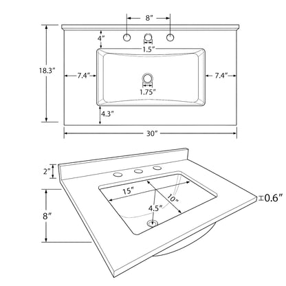 Basin Sink, Triple Faucet Holes, 2" Thick Rim, Sink Only