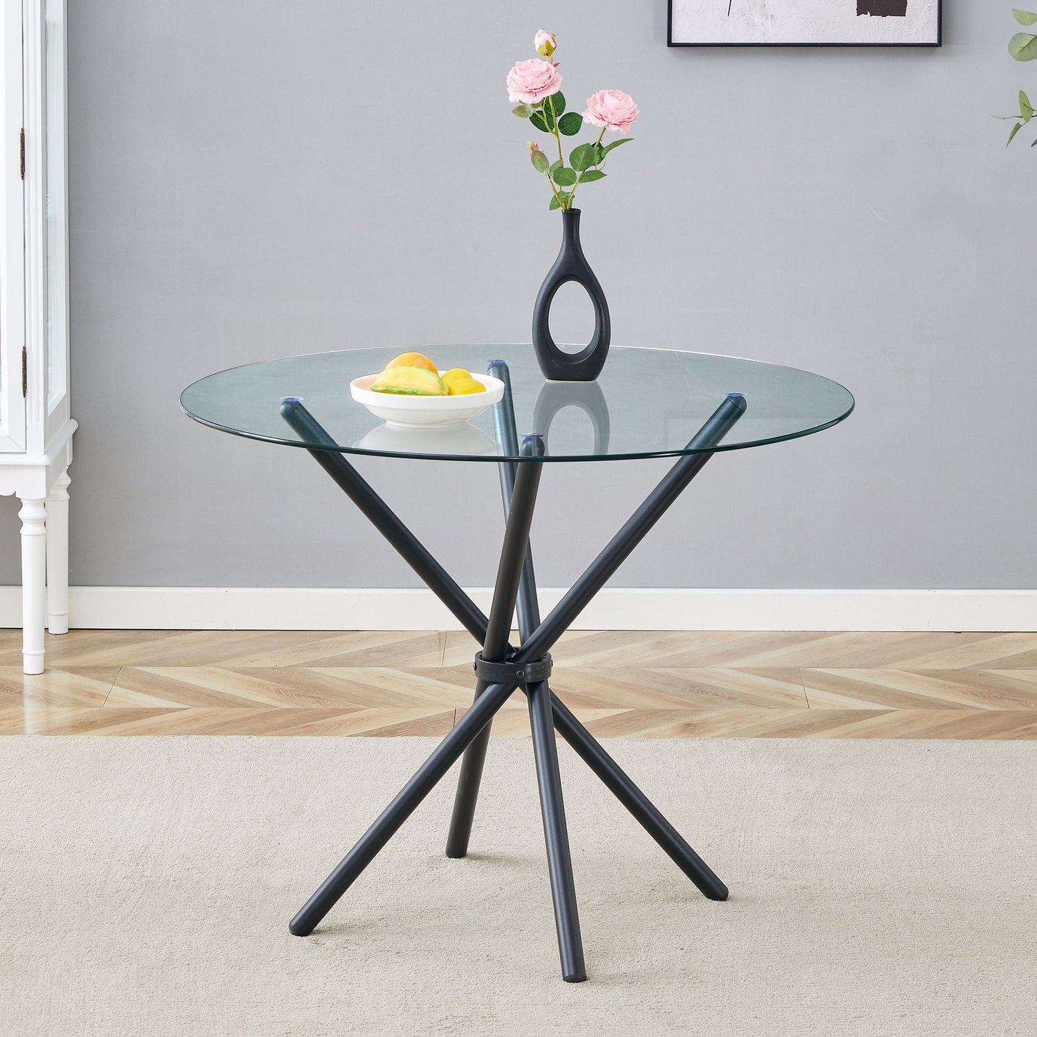 Modern Circular Transparent Tempered Glass Round Table With Metal Legs 36.6&quot; Diameter - Silver / Transparent