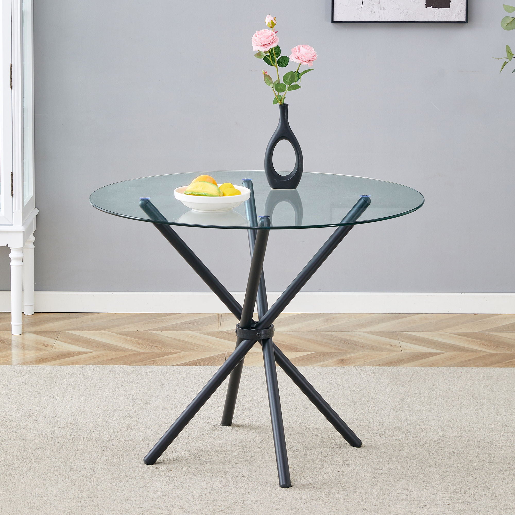 Modern Circular Transparent Tempered Glass Round Table With Metal Legs 36.6&quot; Diameter - Silver / Transparent