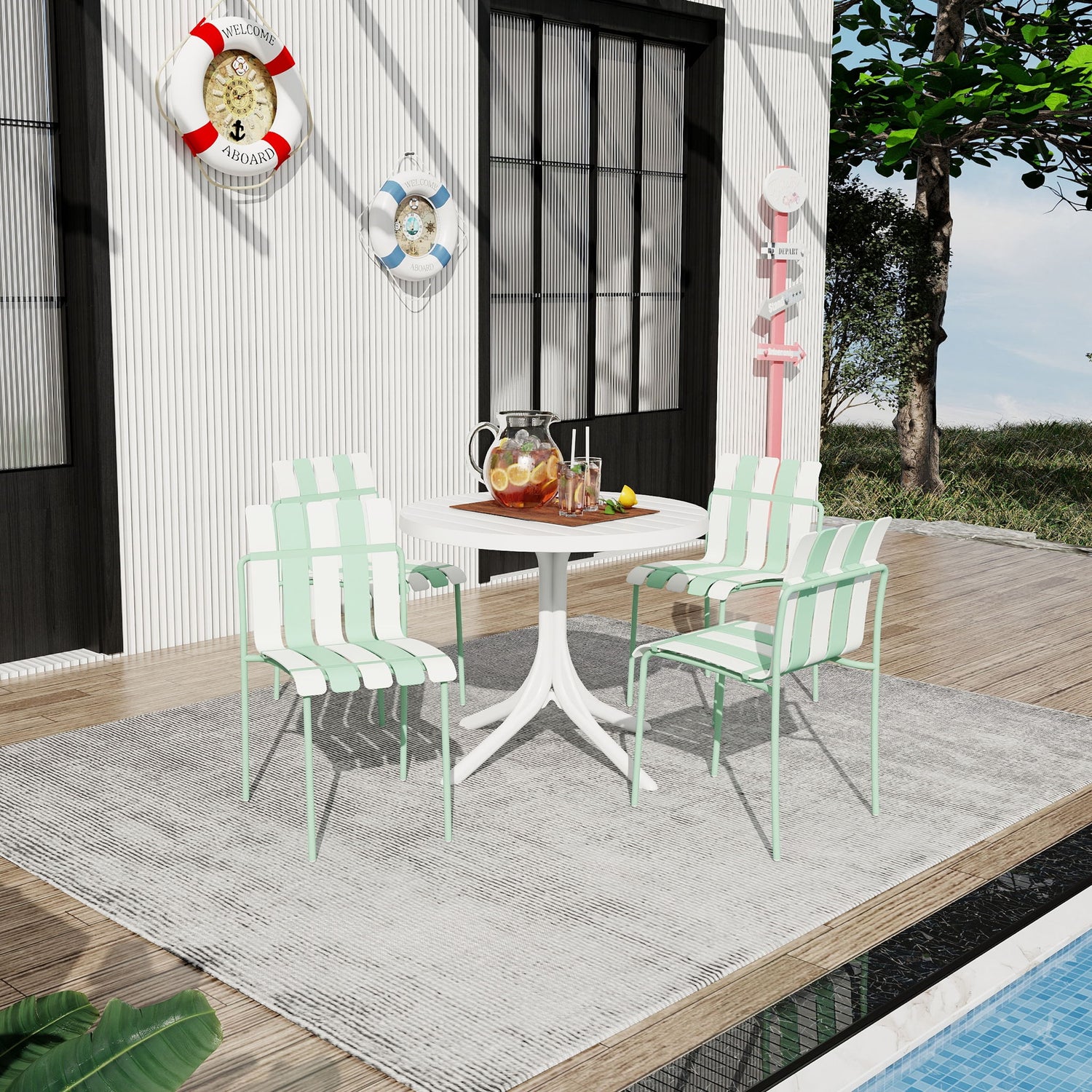 4 Piece Set Of Color Block Designed Single Chairs &amp; Round Table - Cream White / Haze Green / White
