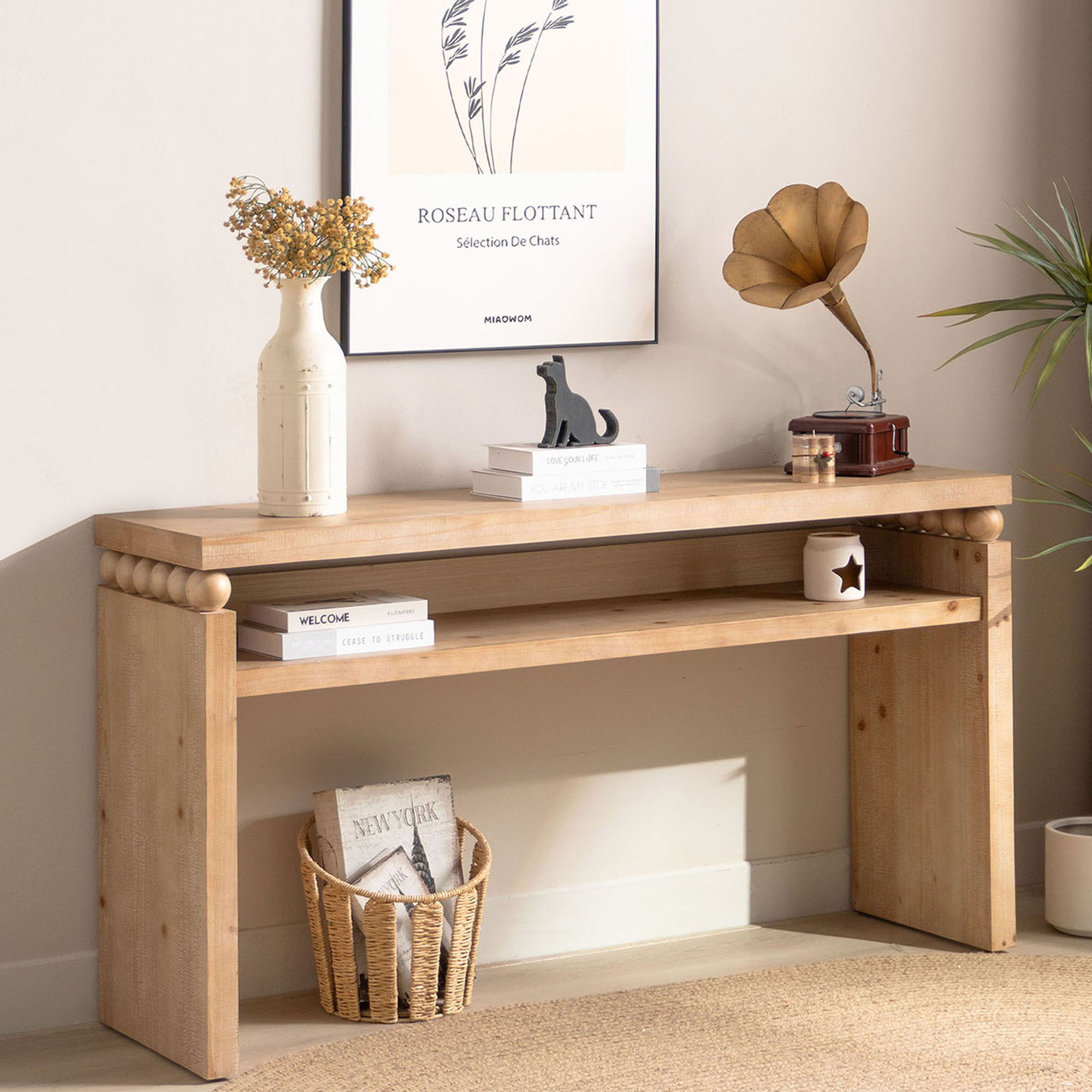 Modern Rustic Console Table, Wood Entryway Table With Shelf &amp; Decorative Bead Detail - Natural