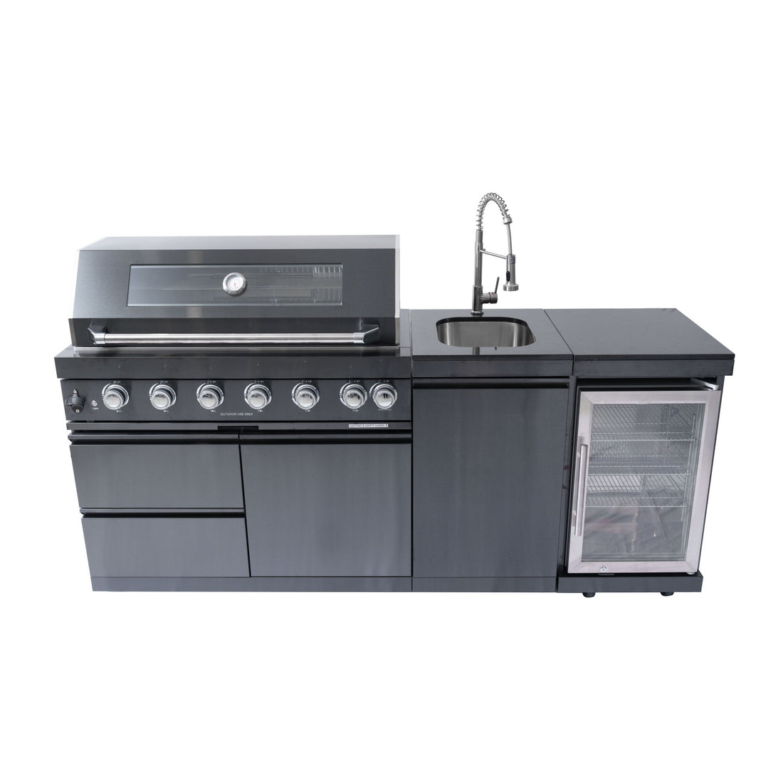 6 Burner 85, 000 Btu Outdoor Kitchen Island Grill With Wine Cooler Refrigerator, Rotisserie Kit, Granite Countertops &amp; Sink - Black