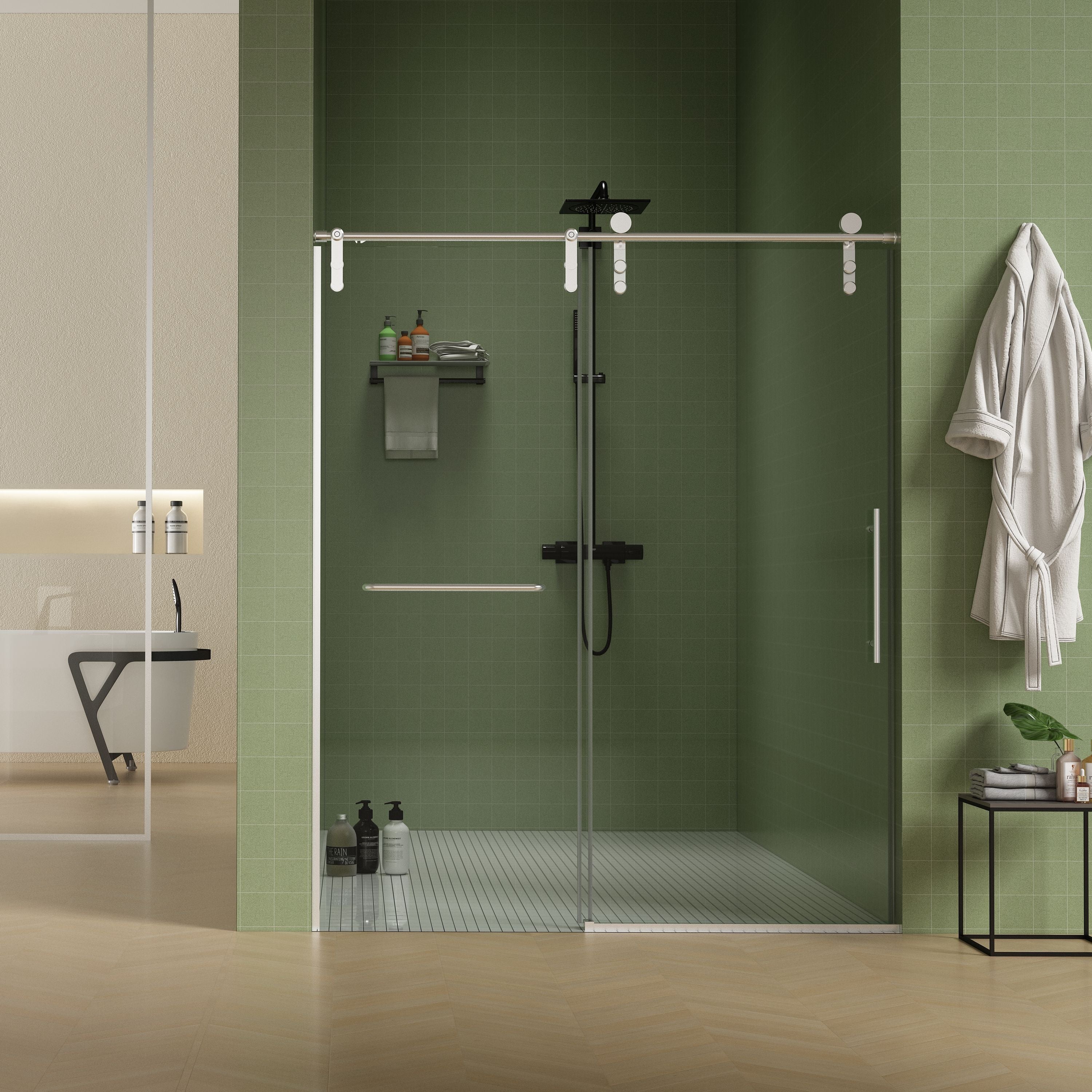Frameless Shower Door, Sliding Shower Door, Premium 5 / 16&quot; (8 Mm) Thick Tempered Glass Shower Enclosure With Towel Bar, Double Side Easy Clean Coat, Finished With Buffer