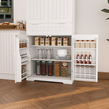 Farmhouse Style Pantry Cabinet With Drawer 2 Cabinets &amp; 6 Door Shelves Adjustable Shelves Freestanding Cupboard - White