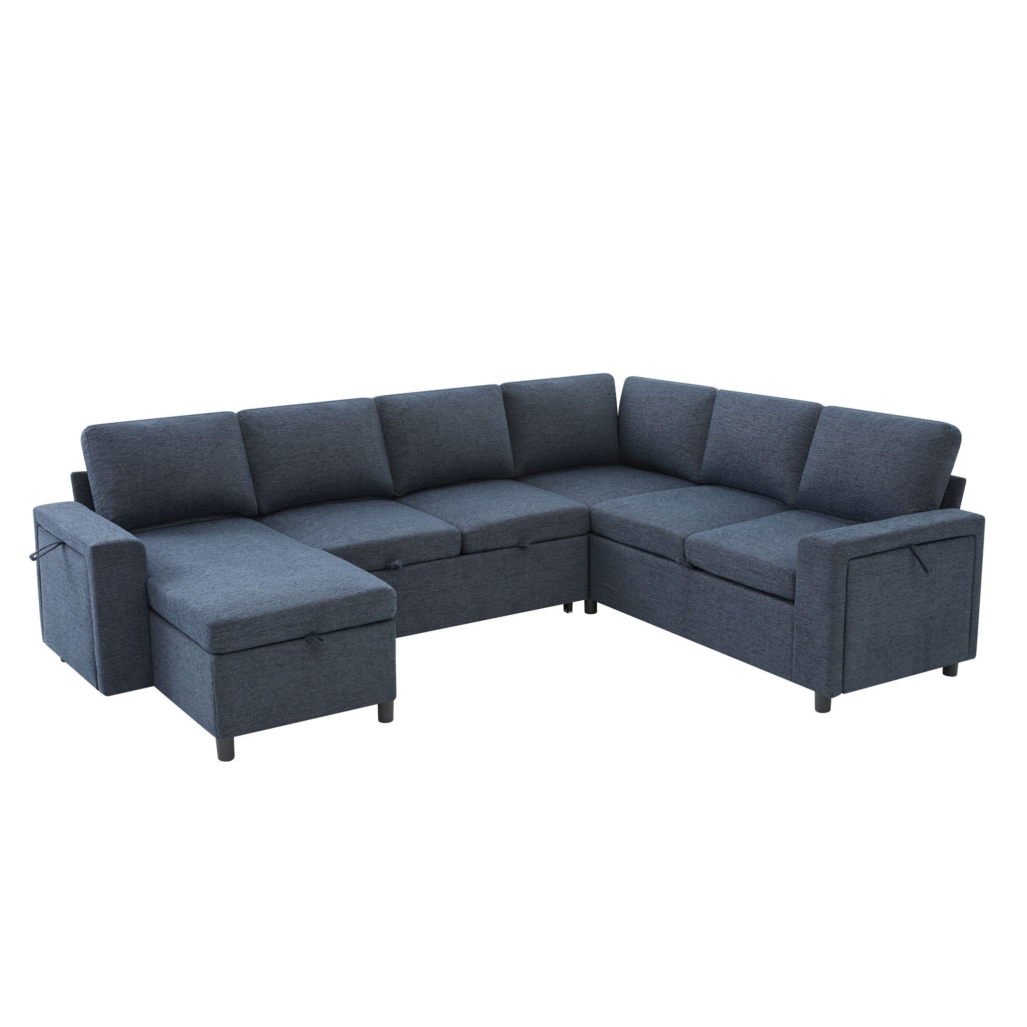 U - Shaped Convertible Sectional Sofa Bed With Storage, USB Charger &amp; Cup Holders