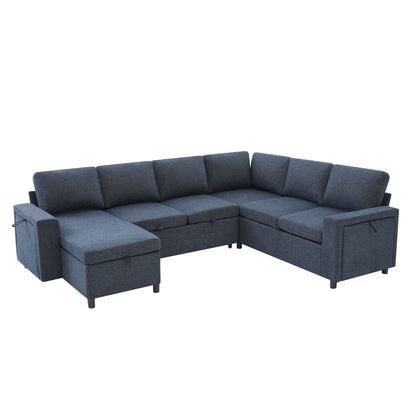 U - Shaped Convertible Sectional Sofa Bed With Storage, USB Charger &amp; Cup Holders