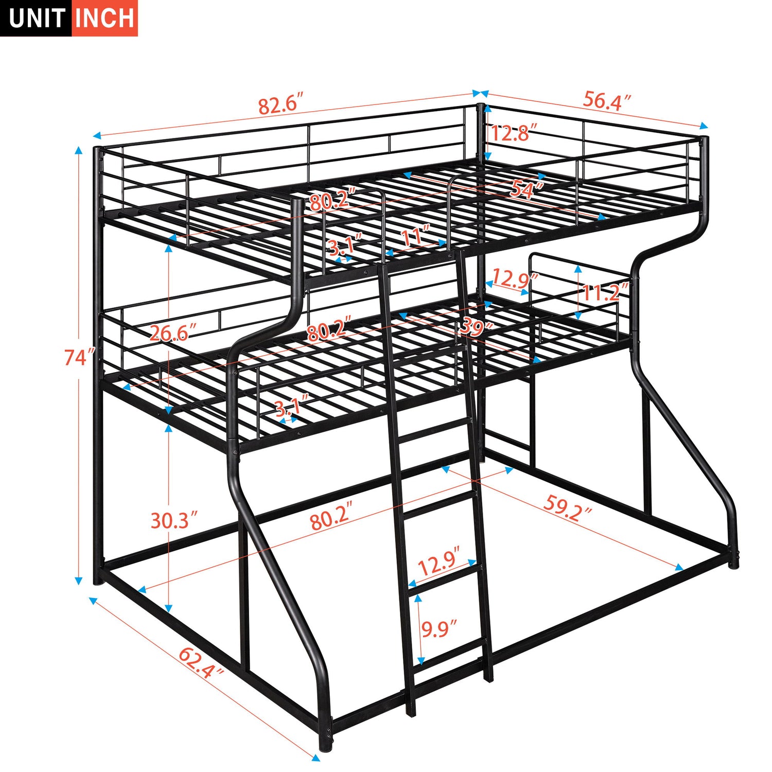 Industrial Triple Bunk Bed With Dual Ladders Frame, Space Saving Design