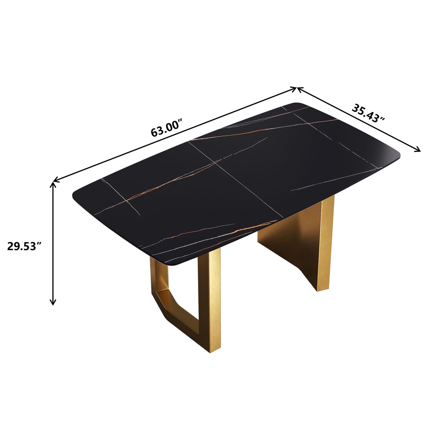 63&quot; Artificial Stone Curved Golden Metal Leg Dining Table, 6 People - Black / Gold
