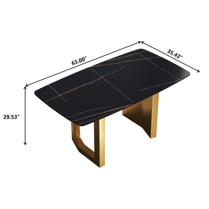 63&quot; Artificial Stone Curved Golden Metal Leg Dining Table, 6 People - Black / Gold