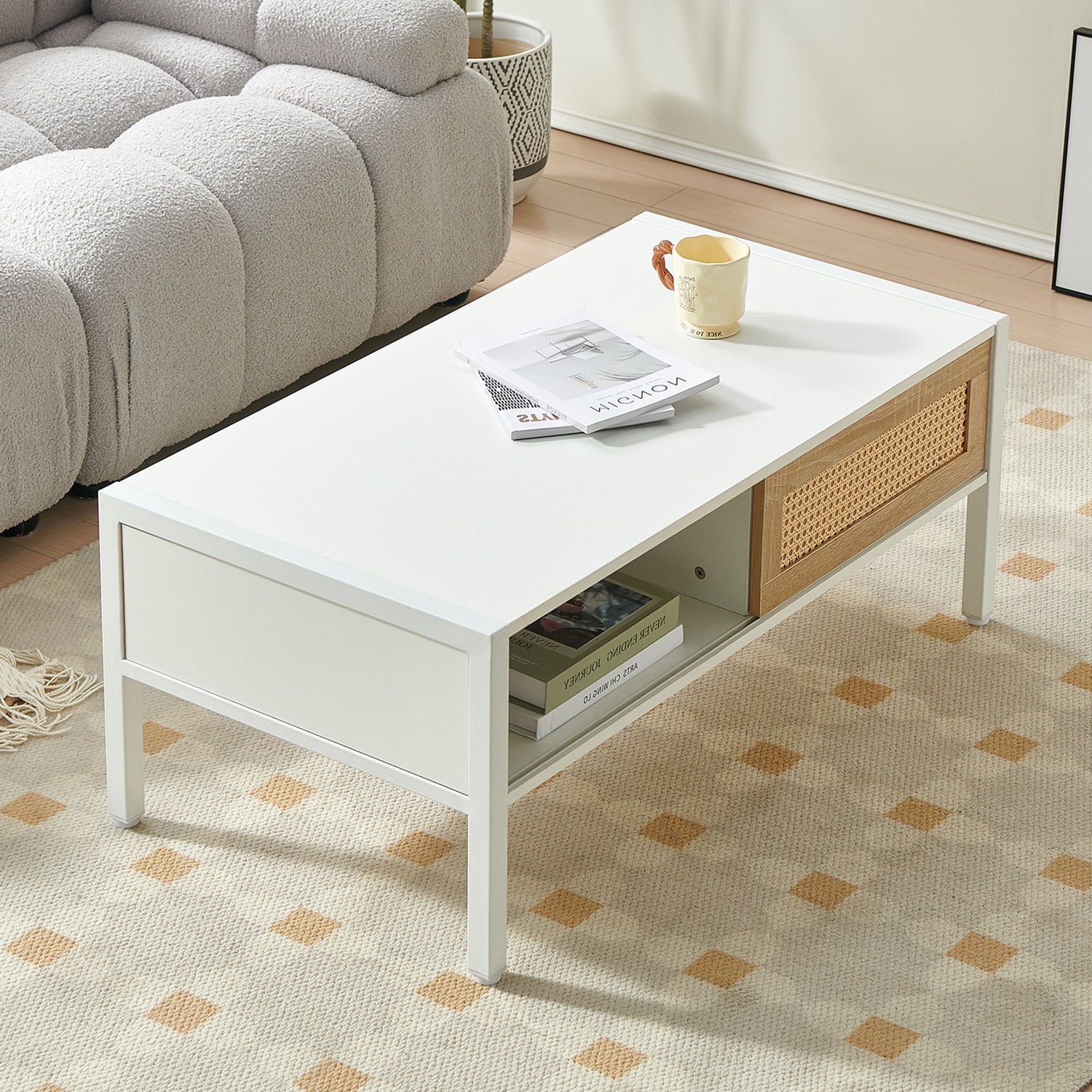 40.16&quot; Rattan Coffee Table, Sliding Door For Storage, Metal Legs, Modern Table For Living Room