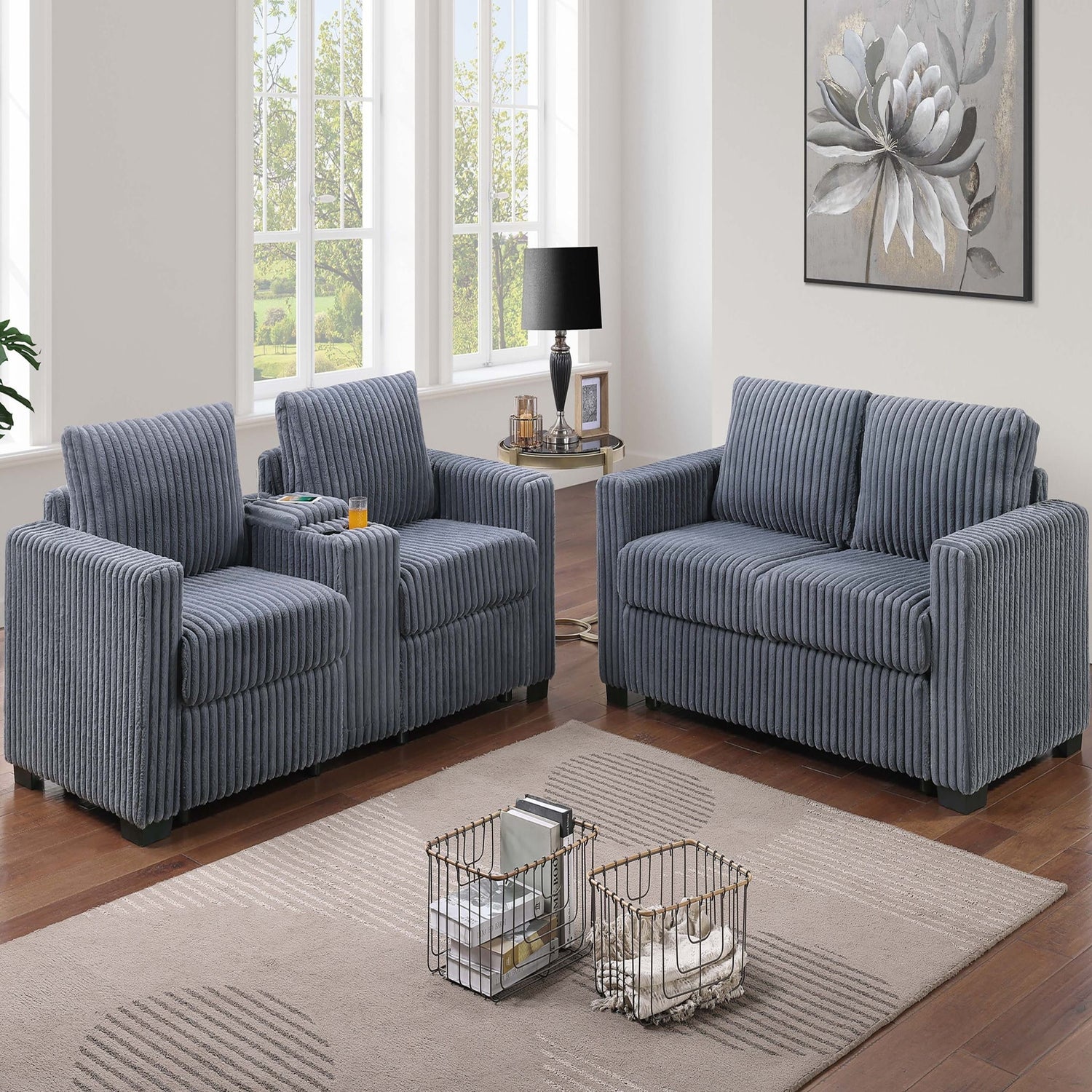Modern Style 2 Piece Sofa Set With Cup Holders &amp; Charging Port