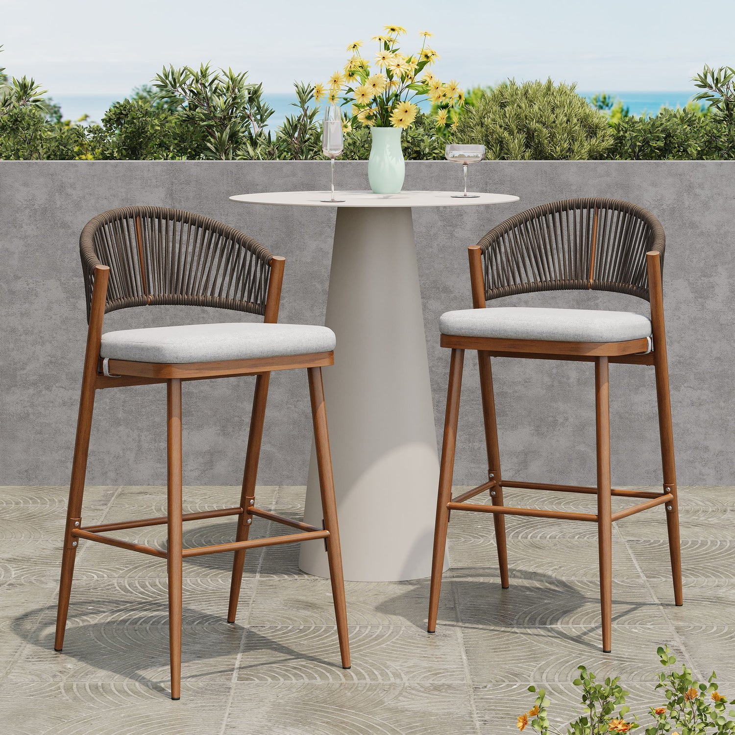 Outdoor Bar Height Metal Frame Counter Stools With Scallop Shaped Backrest &amp; Water Resistant Cushions